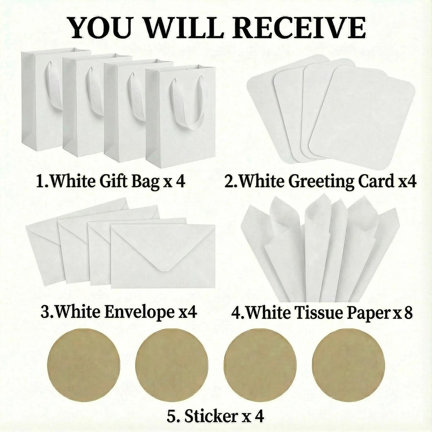 JUNESHE 4 Sets Small White Gift Bags, 8 inch Tiny Little Paper Bag Matching Card Envelope Sticker Black Tissue Paper for Birthday Party Favors Baby Bridal Shower Shopping Presents Wedding Welcome