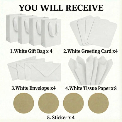 JUNESHE 4 Sets Small White Gift Bags, 8 inch Tiny Little Paper Bag Matching Card Envelope Sticker Black Tissue Paper for Birthday Party Favors Baby Bridal Shower Shopping Presents Wedding Welcome
