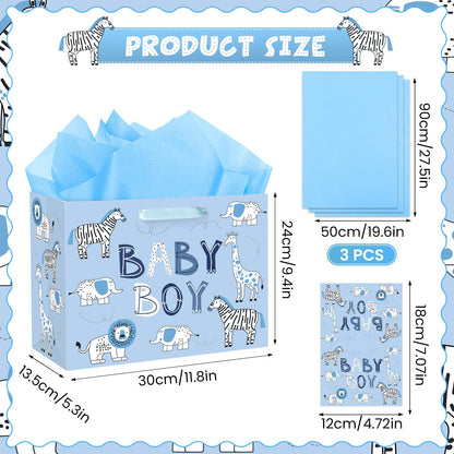 Baby Boy Gift Bag Animal Baby Shower Paper Gift Bag with Tissue Paper and Greeting Card, Blue Animal Baby Boy Birthday Wrapping Paper Bag for Kids Boys Baby Shower Birthday Party Decorations Supplies