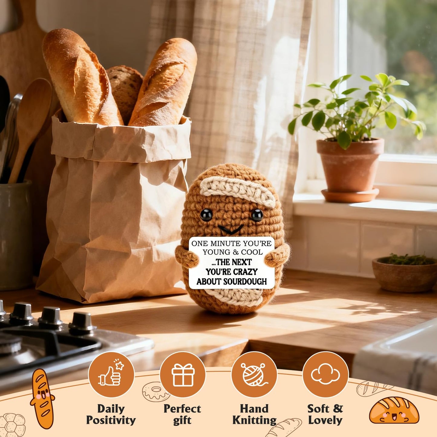 Belatelove Birthday Gifts for Men Women Him Her, Handmade Crochet Bread “About Sourdough” Decorations, Funny Birthday Crochet Gifts for Girlfriend Boyfriend Couples Wife Husband, Cute Desk Decor