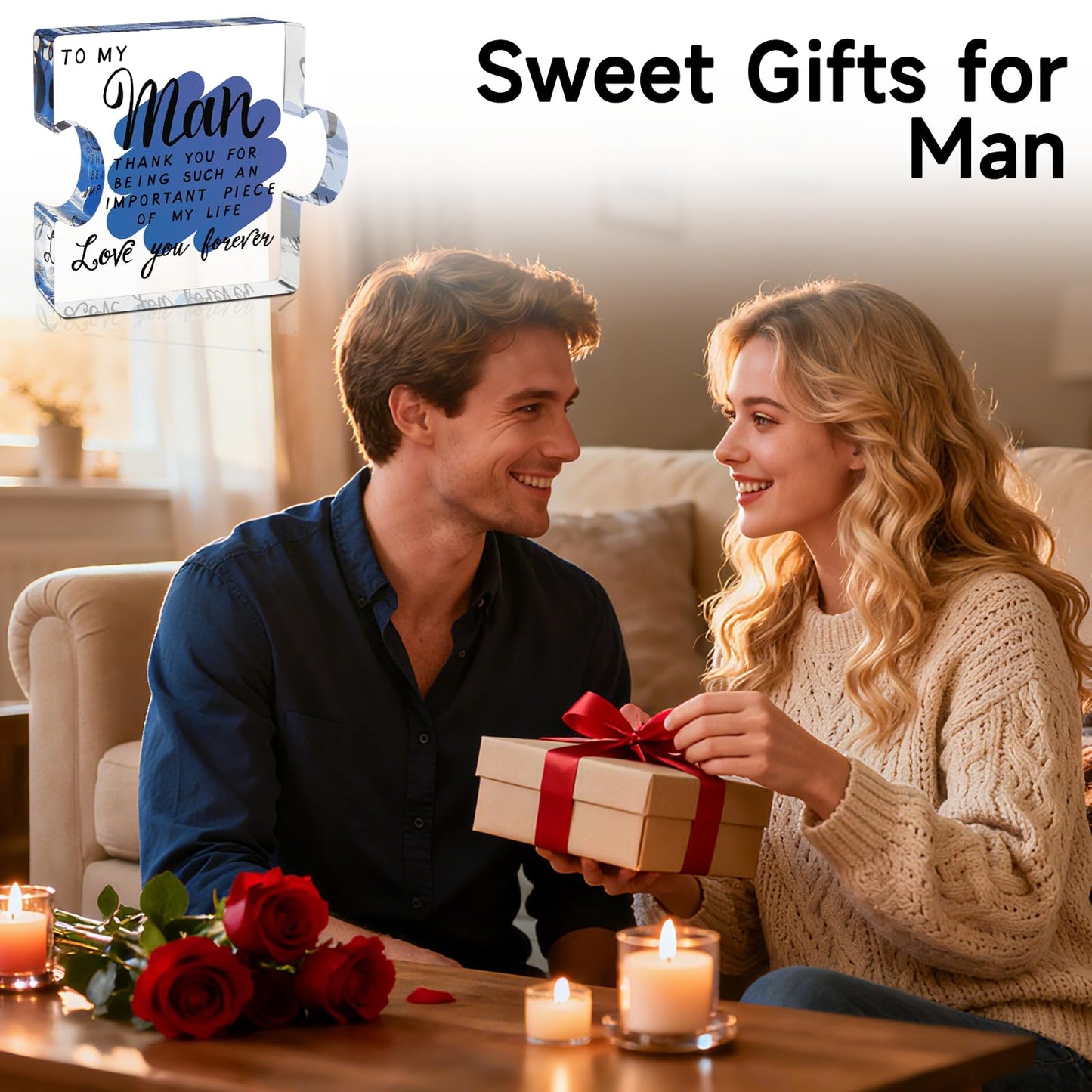 Valentines Day Gifts for Him,Gifts for Boyfriend,Boyfriend Christmas gifts, I Love You Gifts for Him,Birthday Gifts for Boyfriend Husband Fiance, To My Man Puzzle Acrylic Block, Present for Men's Thanksgiving Christmas Valentine's Day Birthday Wedding