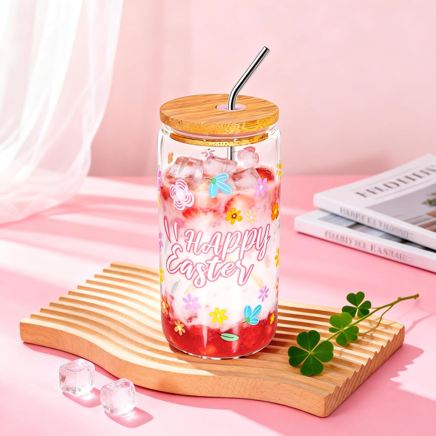 Honxicur Easter Gifts Set for Women Sister Teens Adults Stuff, Easter Basket Stuffers with 16oz Glass Cup, Scented Candles, Headband & Socks, Self Care Gifts for Women