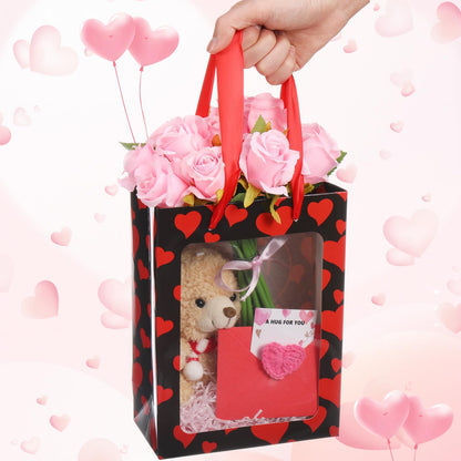 Frienda 12 Pcs Valentines Gift Bags Bulk Heart Goodie Bags with Clear Window and Handle Pink Red Happy Valentine's Day Paper Gift Wrap Love Tote Pouches for Party Favors Wedding Birthday Party