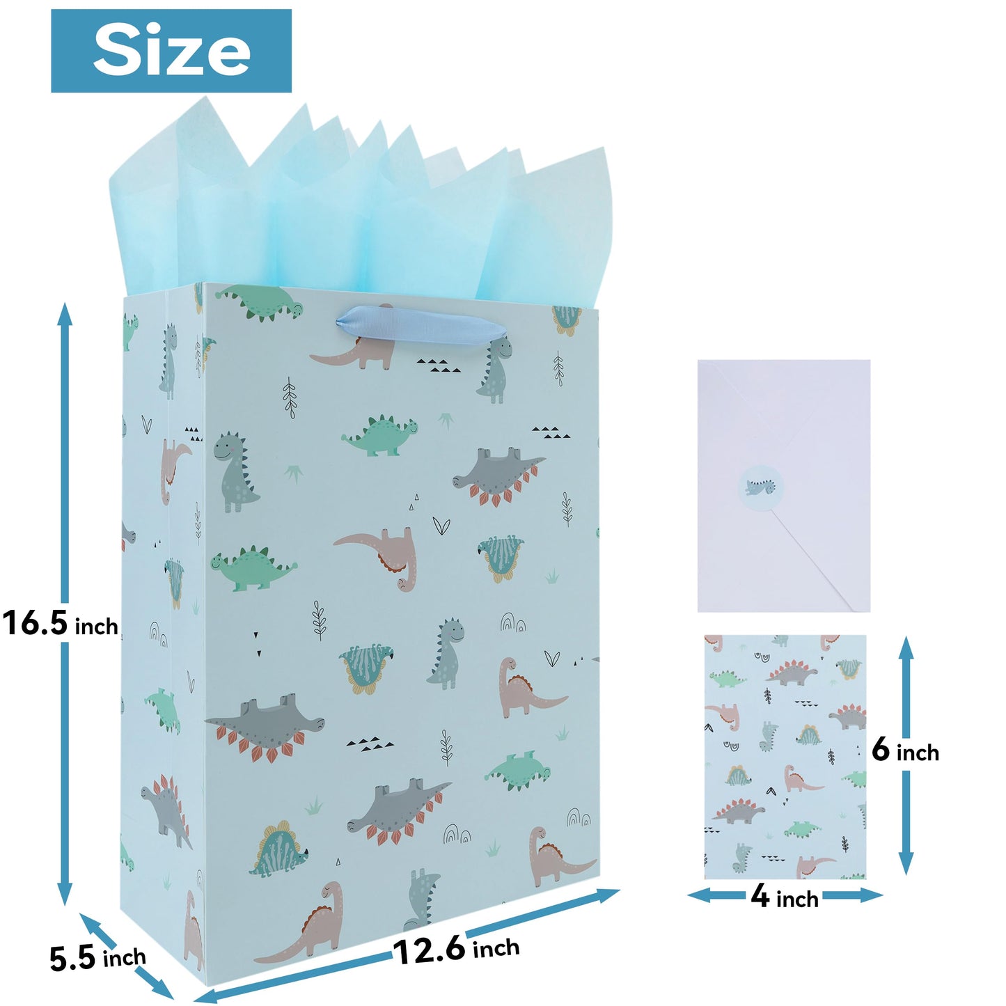 Qirrmiy 16.5'' Extra Large Dinosaur Gift Bag Set with Handles, Greeting Card, Blue Tissue Papers and Stickers for Boys Kids Teens for Birthday, Baby Shower, Baby Boy, Dinosaur-themed Design, 1 Pcs