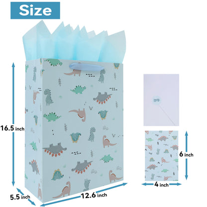Qirrmiy 16.5'' Extra Large Dinosaur Gift Bag Set with Handles, Greeting Card, Blue Tissue Papers and Stickers for Boys Kids Teens for Birthday, Baby Shower, Baby Boy, Dinosaur-themed Design, 1 Pcs