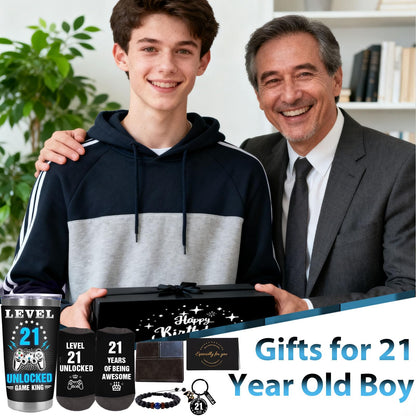 21st Birthday Gifts for Him, Funny Gift for 21 Year Old Male with 20 Oz Tumbler Card Keychain Bracelets Wallet, Cool Happy 21st Birthday Decorations for Teenage Son Nephew Boyfriend Grandson Brother
