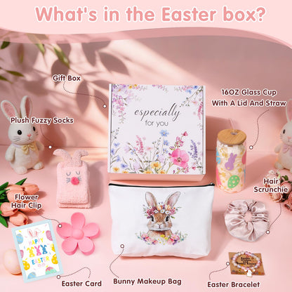 Easter Gifts for Teens Girls Women Adults,7 PCS Bunny Gifts Set with Iced Coffee Cup,Bracelet,Socks,Bag,Hair Clip & Scrunchy,Perfect Easter Basket Stuffers for Teens Girls Adults