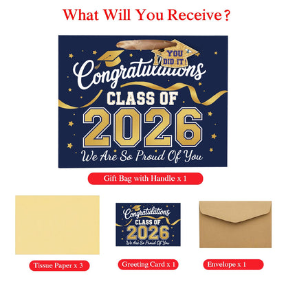 TOTEUSVIA 13" Large Graduation Gift Bag, Blue Gold Congratulations Gift Bags for Class 2026 with Tissue Paper and Greeting Card