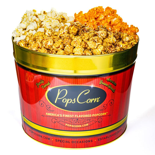 Gourmet Popcorn Gift Tin. Large 2 Gallon. 3 Amazing Flavors. Caramel, Cheese & Kettle Corn. Perfect for Mom,Dad, Coworkers, Secretary, Nurse, Mother's day or Employee Appreciation Presents. Pops Corn®