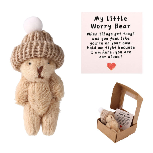 Mini Worry Bear in Box with Hat, Positive Mini Plush Bear with Encouragement Card Inspirational Stress Relief Toy for Family Friends Coworkers Gift