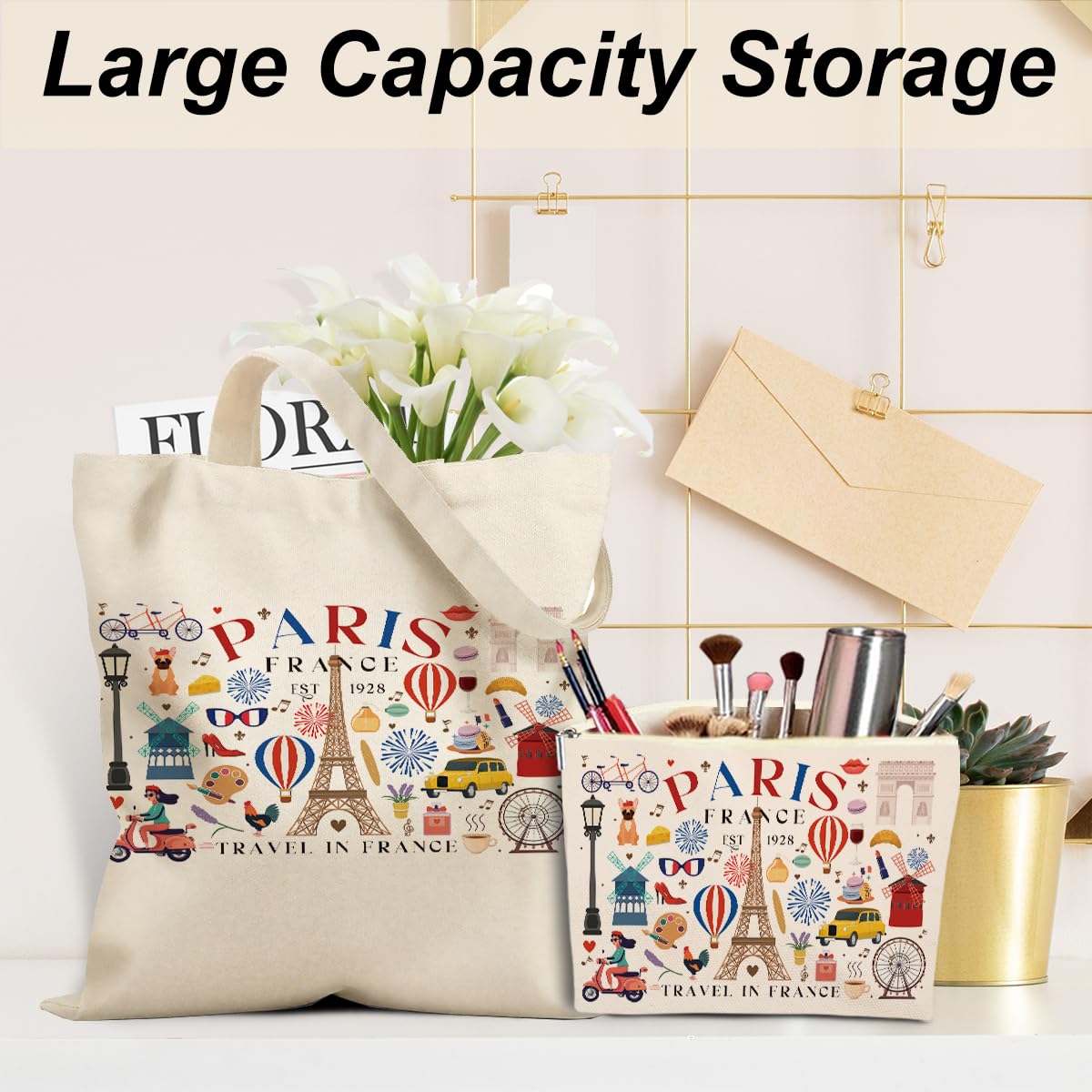 Paris Airplane Travel Gifts Cosmetic Makeup Bag Beach Canvas Tote Bag for Women Girls Christmas Birthday