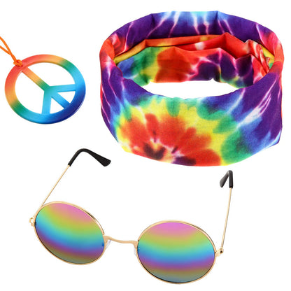 Frienda 3 Pcs Hippie Accessories Costume 70s Tie Dye Leopard Outfits Hippie Headbands for Men Peace Sign Necklace Sunglasses
