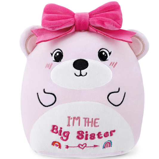Big Sister Plush Toy: 8-Inch I'm The Big Sister Bear with Pink Bow Stuffed Animal Cute Soft Plushie Pillows Christmas, New Sibling Gifts for Girls Kids