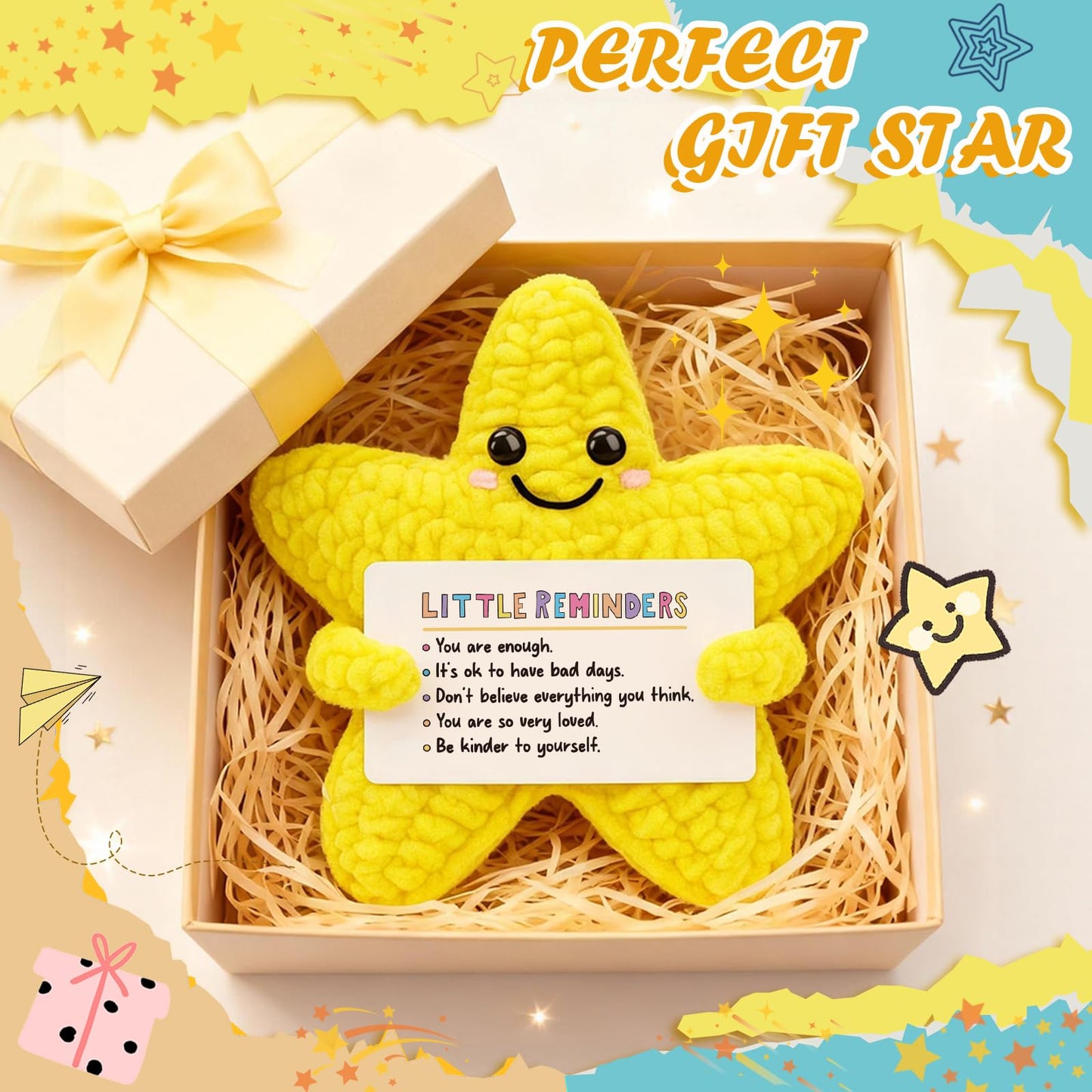 Mental Health Gifts for Women, Crochet Star with Positive Affirmations, Cheer Up Thinking of You Gift for Friend, Anxiety Relief Get Well Soon Self care Gifts