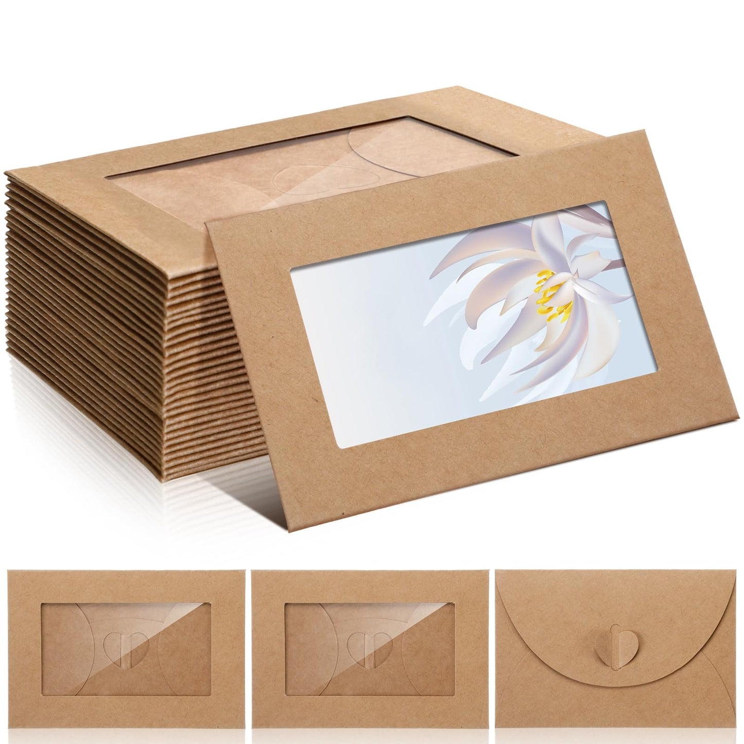 Uiifan 30 Pcs Window Gift Card Envelopes 4 x 2.8 Inch Gift Card Sleeves Credit Size Envelopes with Heart Shaped Clasp for Greeting Gifts Business Invitation(Brown)