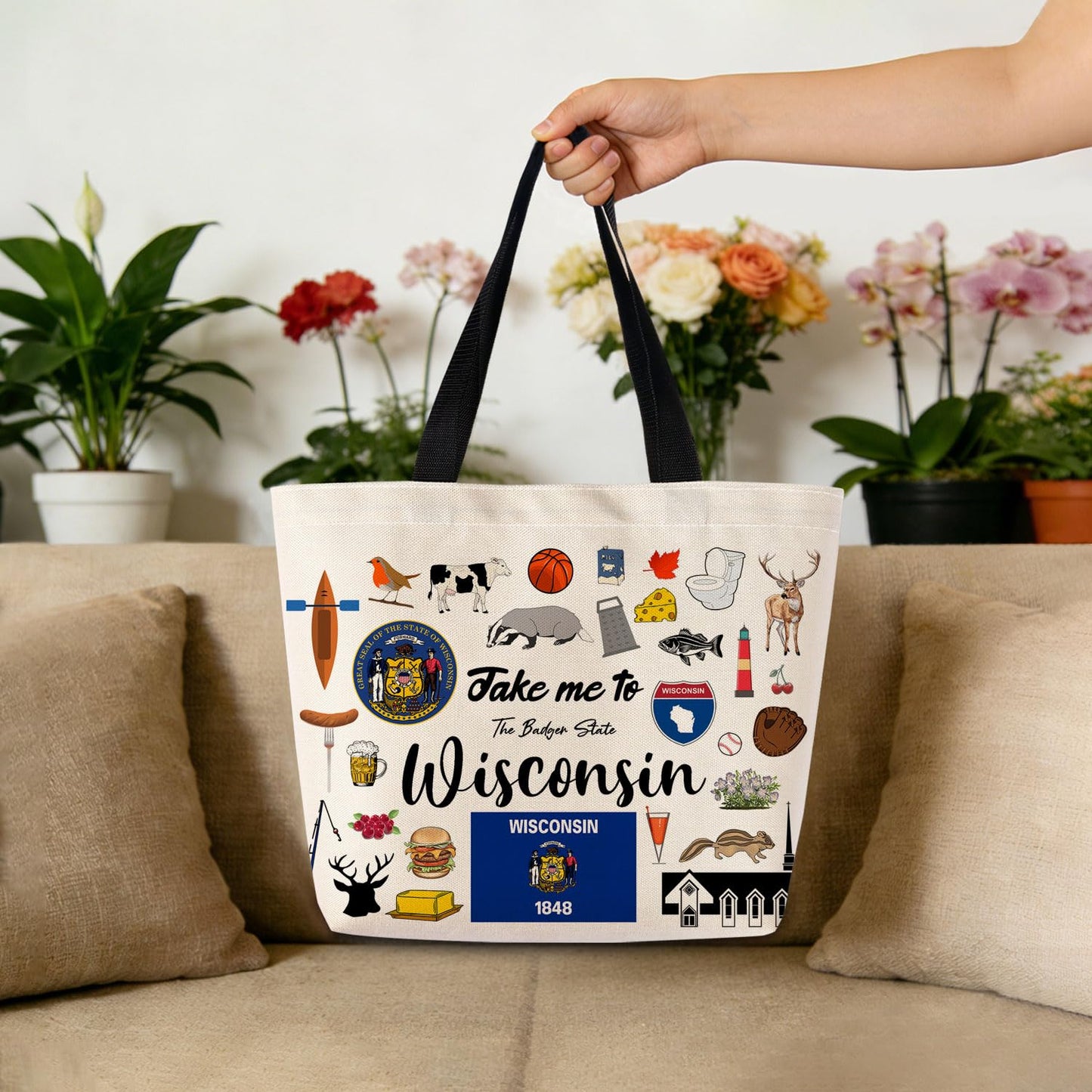 Take Me To Wisconsin Tote Bag Reusable Grocery Bags Aesthetic Shopping Shoulder Handbag with Interior Pocket Lightweight & Washable Stylish Wisconsin Travel Present for Women