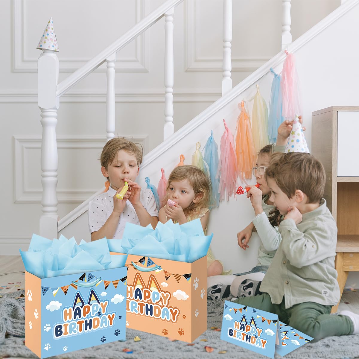 NF ORANGE Blue Dog Party Bag Inculde 13'' Large Tissue Paper Greeting Card, Dog Theme Birthday Party Decoration