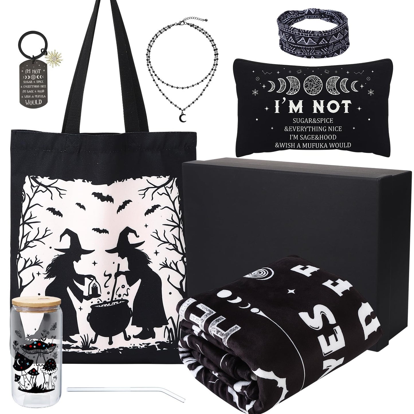 7 Pcs Witchy Gifts for Women Gothic Ouija Blanket Astrology Witch Canvas Tote Bag Makeup Bag Glass Cup Necklace Witchy Stuff Spooky Favors Gothic Gifts for Women