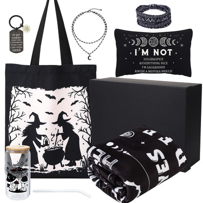7 Pcs Witchy Gifts for Women Gothic Ouija Blanket Astrology Witch Canvas Tote Bag Makeup Bag Glass Cup Necklace Witchy Stuff Spooky Favors Gothic Gifts for Women