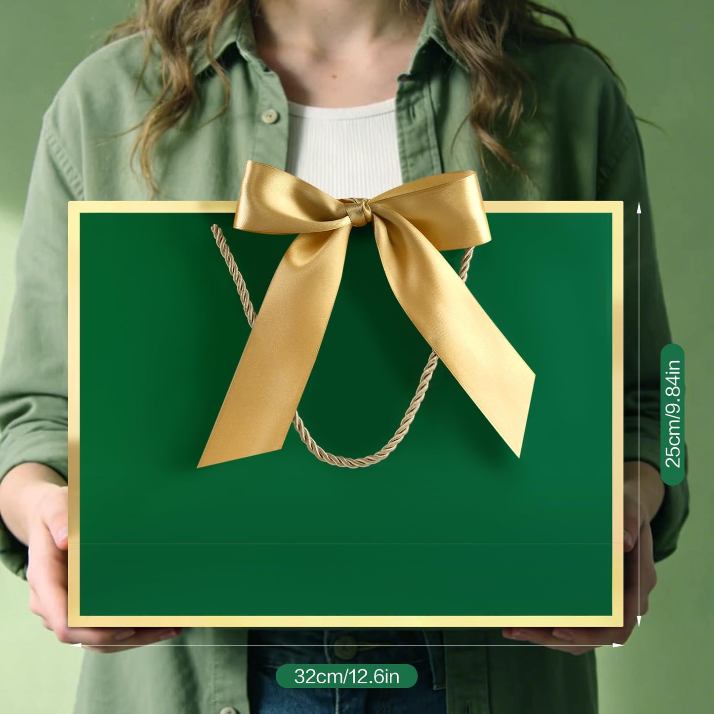 JMANNI 1PCS Gift Bag with Ribbon and 1 Greeting Card 2 Tissue Papers, Portable Paper Gift Bag with Handles for Graduation Baby Shower Wedding Fathers Day Mother's Day Birthday Party (green gold