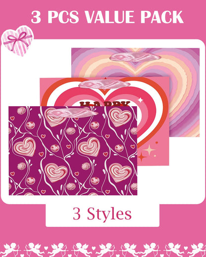 qiqee Heart Valentine Gift Bag with Tissue Paper Wide Medium Present Wrap Bags for Women Girlfriend Classroom Happy Valentine's Day (3 PCS Medium + Tissue Papers)
