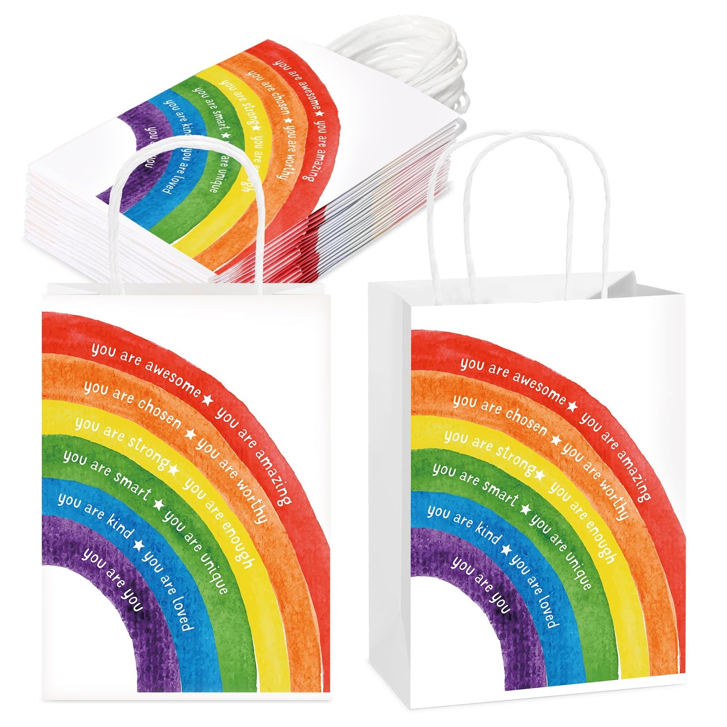 Coume 12 Pcs End of The Year Gifts Bags for Students Bulk Inspirational Colorful Paper Bags with Handle for Primary School Classroom Prize Kindergarten Preschool, 5.9 x 3.15 x 8.27 Inch (Rainbow)