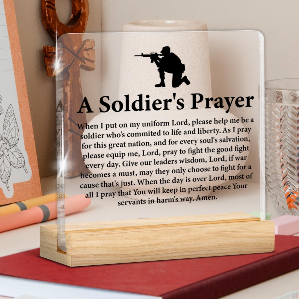 Army Gifts for Men, Religious Deployment Gift for Army Navy Air Force Soldier, a Soldier's Prayer Acrylic Sign Home Office Desk Decor