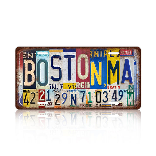 Vintage City License Plate Boston,Ma Wall Decor Metal Tin Sign for Bar Home Bedroom 12 x 6 Inches （Including latitude and longitude）