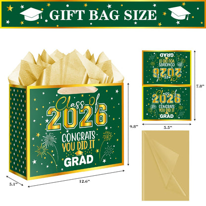 Jaywayang 12.6" Large Green and Gold Graduation Gift Bag, 2026 Congrats Grad Desgin Gift Bag with Tissue Paper and Card for High School, College Graduation Season Theme Party.