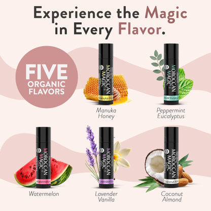Moroccan Magic Organic Lip Balm 5 Piece Variety Pack Gift Set | Ultra-Hydrating Argan & Essential Oil Lip Moisturizer + Vitamin E | Smooth | Natural | Non-Toxic | Cruelty Free | 5 Pack