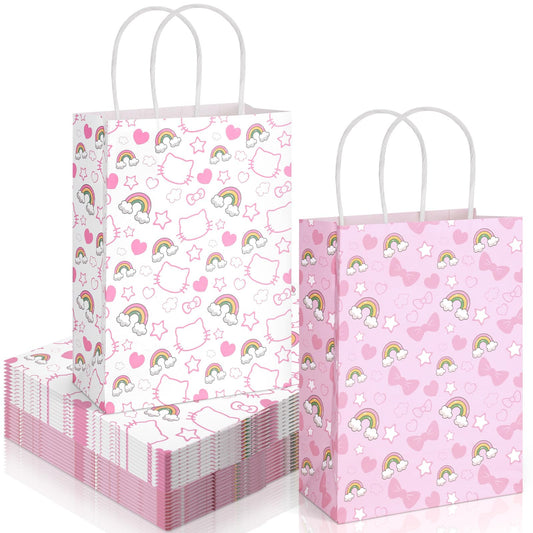 24 PCS Pink White Cute Kitty Paper Party Bag Cartoon Cat Themed Gift Bags with Twisted Handles Colorful Rainbow Pink Bow Treat Goodie Bag for Candy Snack Baby Shower Birthday Party Decoration Supplies
