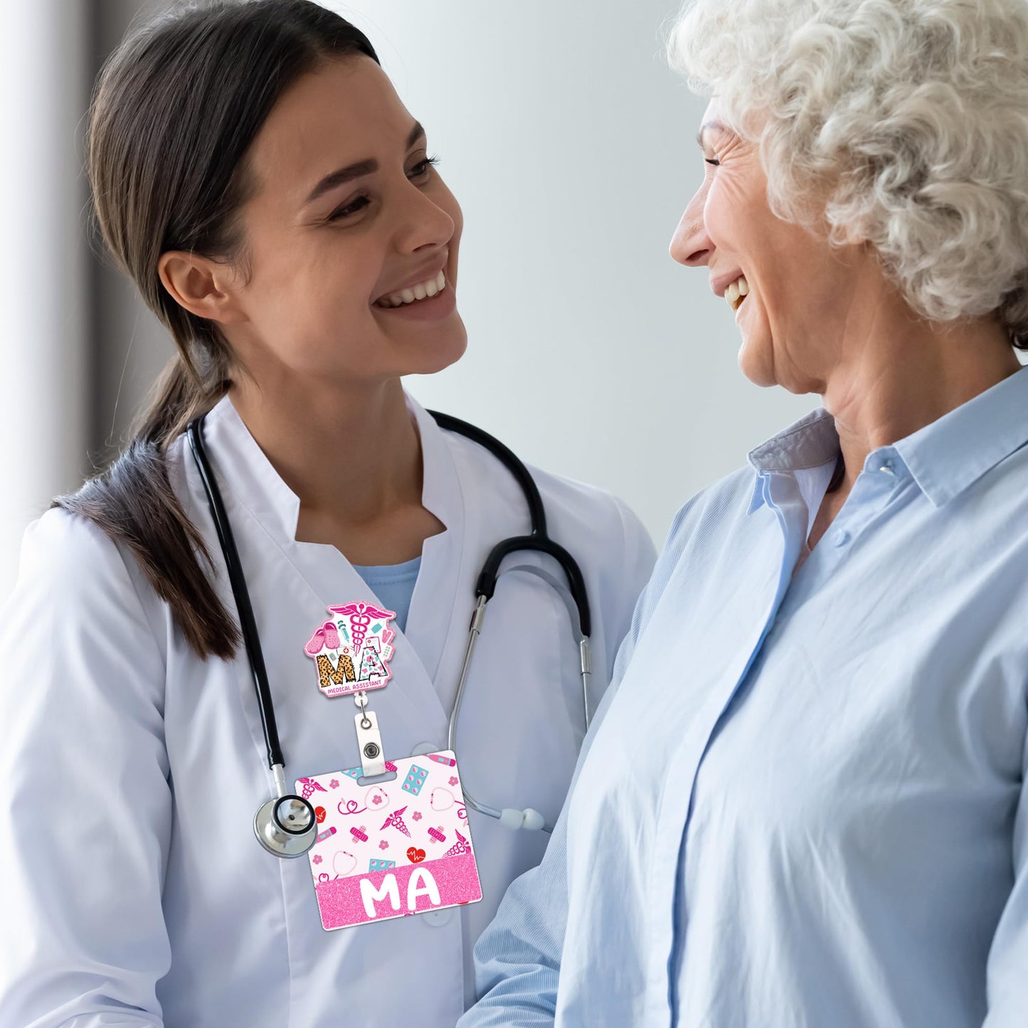 Medical Assistant Badge Reel and Buddy, Pink Retractable ID Holder with Swivel Clip and MA Badge Buddy, Medical Assistant Gifts and Accessories for Work
