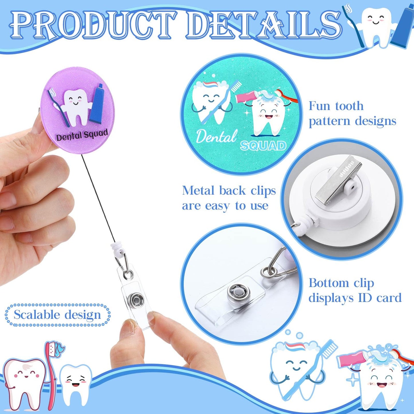Hoteam 6 Pcs Dental Badge Reels Dental Assistant Week Gifts Teeth Retractable ID Badge Holders with Alligator Clip Healthcare Appreciation Gifts for Dentist Hygienist Doctor Nurse Graduation