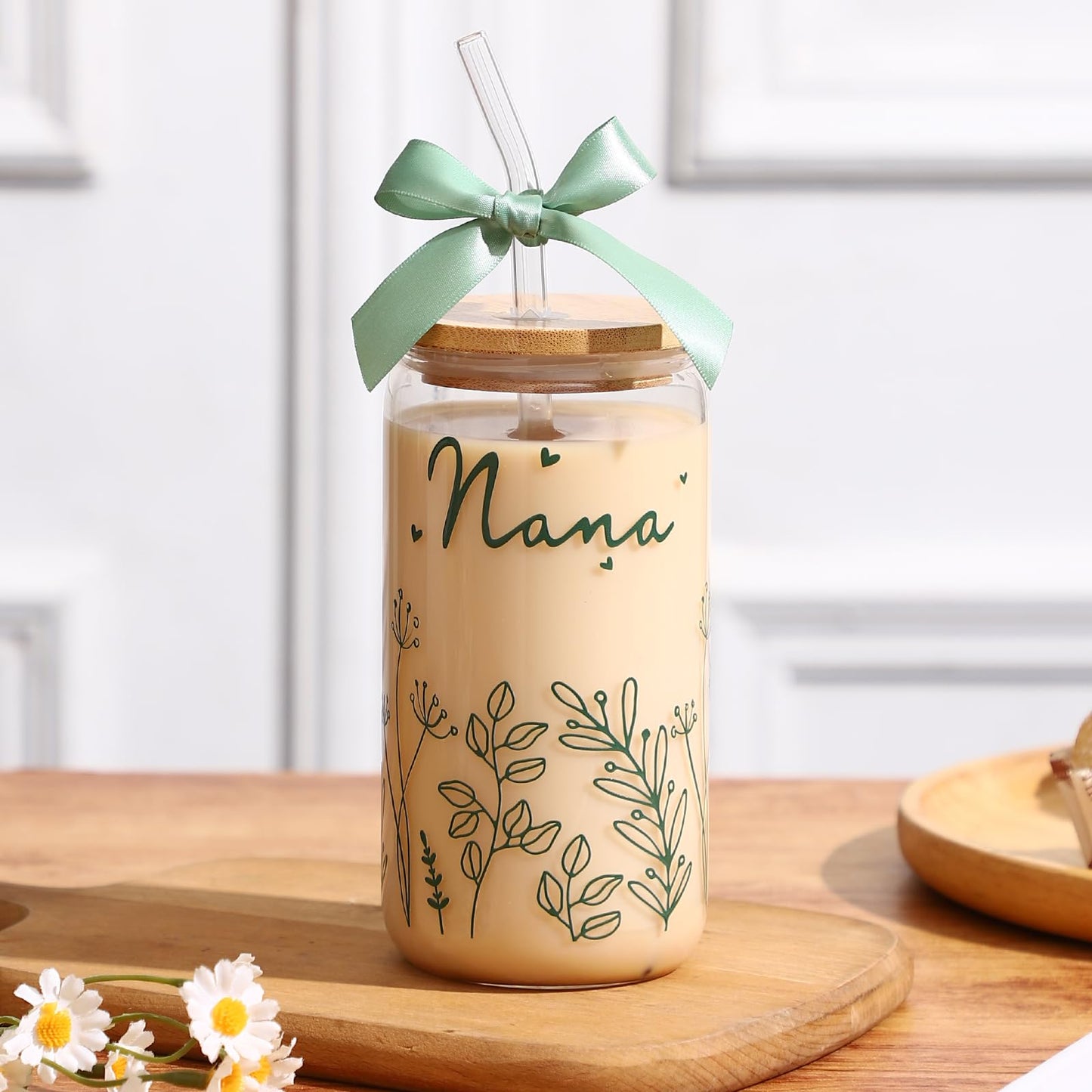 Gifts for Nana-Bow Glass Cup Nana Gift Cute Iced Coffee Cup with Lids and Straws for Grandma Birthday Gifts Mother day Grandmother Presents Stuff from Granddaughter Grandson Grandkids 16OZ