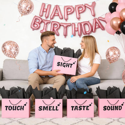 5 Senses Gift Bags for Him with Labels, 12.6"x 9.8"x 4.2" Gift Bag Tissue Paper Happy Birthday Decorations Kit with Banner, Balloons, Rose Petals, Card for Men, Women, Wedding, Valentine's Day