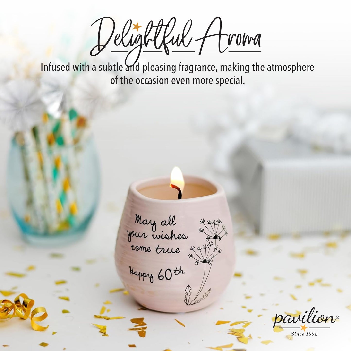 Pavilion - 8 Oz Candle Holder - Pink Ceramic Candle Jar with 100% Soy Wax Candle Serenity Scent "May all your wishes come true Happy 60th" Ideal Gift for Loved Ones - Printed Text, Love Theme & Oval