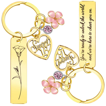 Sweet Sixteen Gifts for Girls - 16th Birthday - 16 Year Old Teen Girl Valentine's Day Gifts from Mom Dad Grandpa Grandma Aunt, Double-Sided Engraved Stainless Steel Gold Keychain