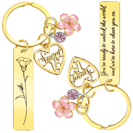 Sweet Sixteen Gifts for Girls - 16th Birthday - 16 Year Old Teen Girl Valentine's Day Gifts from Mom Dad Grandpa Grandma Aunt, Double-Sided Engraved Stainless Steel Gold Keychain