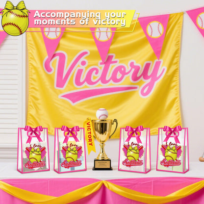 Aliceset 12 Pcs Softball Clear Goodie Bag with Die Cut Handles and Ribbons Sport Theme Party Favor Bags for Softball Team Snack Wrapping Teamer Gifts Birthday Party Treats Supplies, 7x10x3.15 Inch