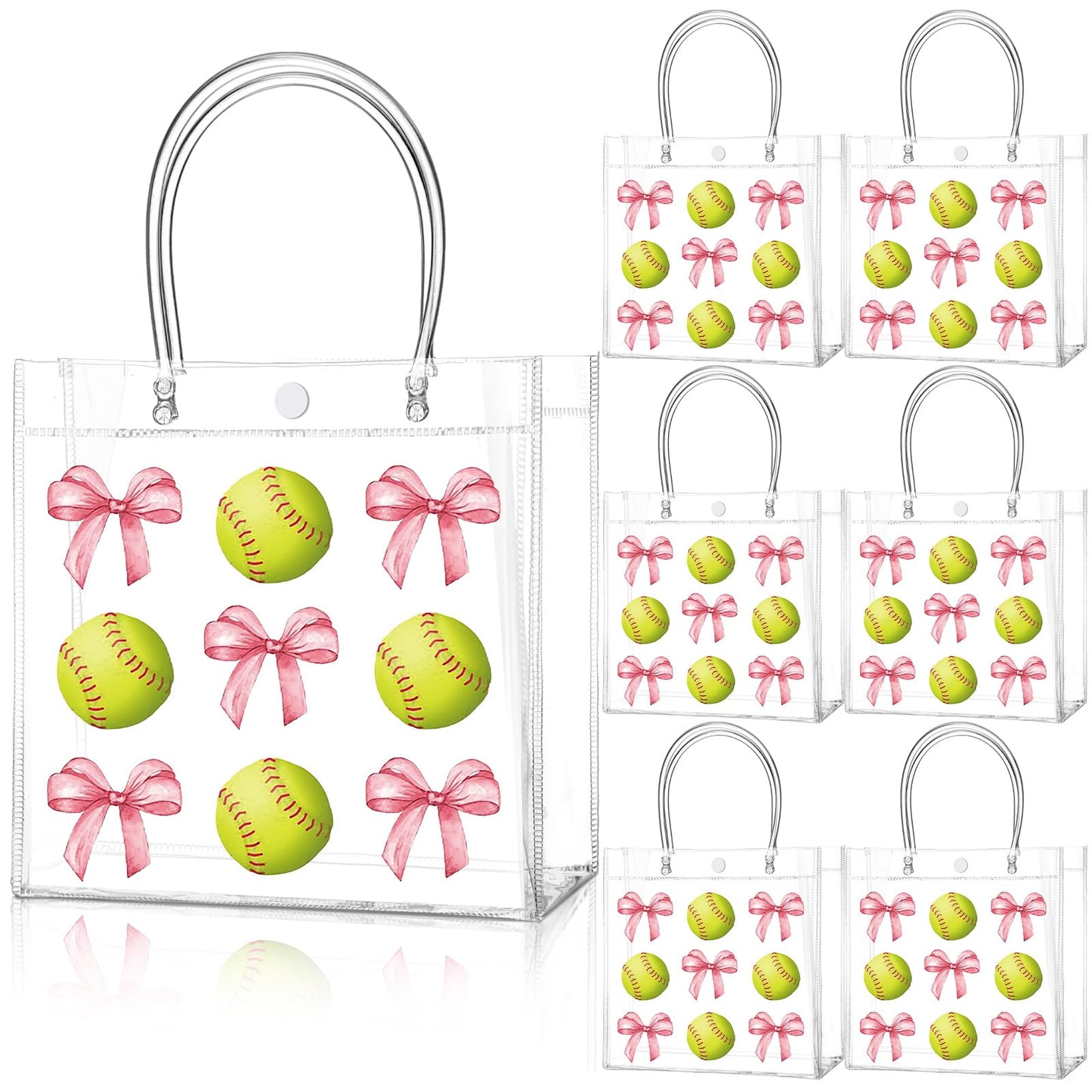 Teenyyou 24 Pcs Softball Clear Gift Bag with Handles Plastic Soft Ball Goodie Sport Theme Party Favor Team Treat Bag with Pink Bow for Birthday Team Snack, 8 x 8 x 3.15 Inches