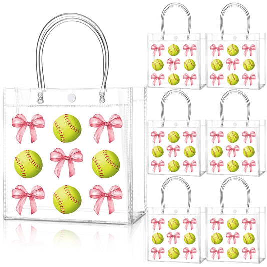 Teenyyou 24 Pcs Softball Clear Gift Bag with Handles Plastic Soft Ball Goodie Sport Theme Party Favor Team Treat Bag with Pink Bow for Birthday Team Snack, 8 x 8 x 3.15 Inches
