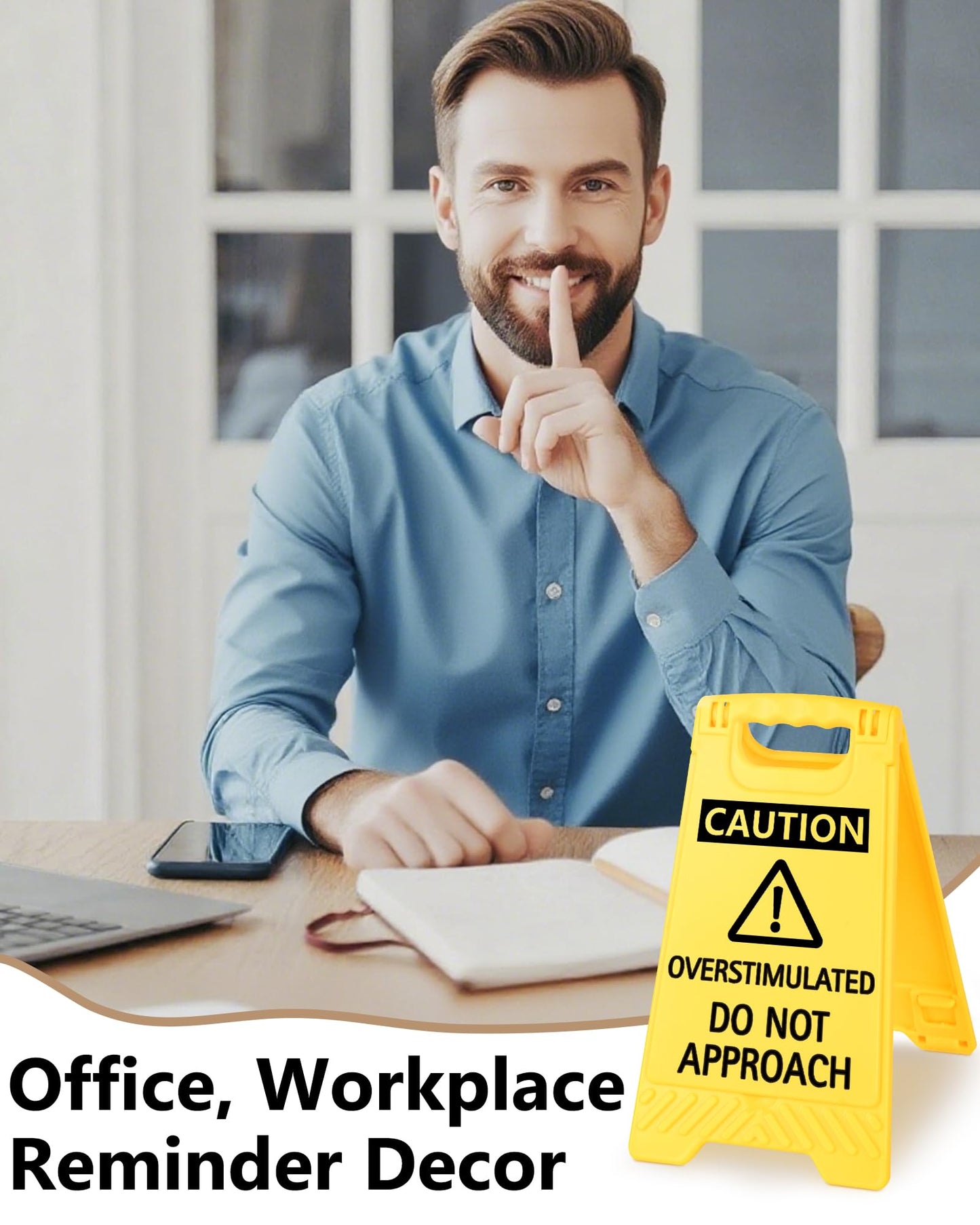 Caution Overstimulated Do Not Approach Office Decor, Funny Desk Sign for Women Coworkers, 2026 Graduation Gag Gifts for Fathers Day, Sarcastic Desk Accessories, Phone Holder with Mirror