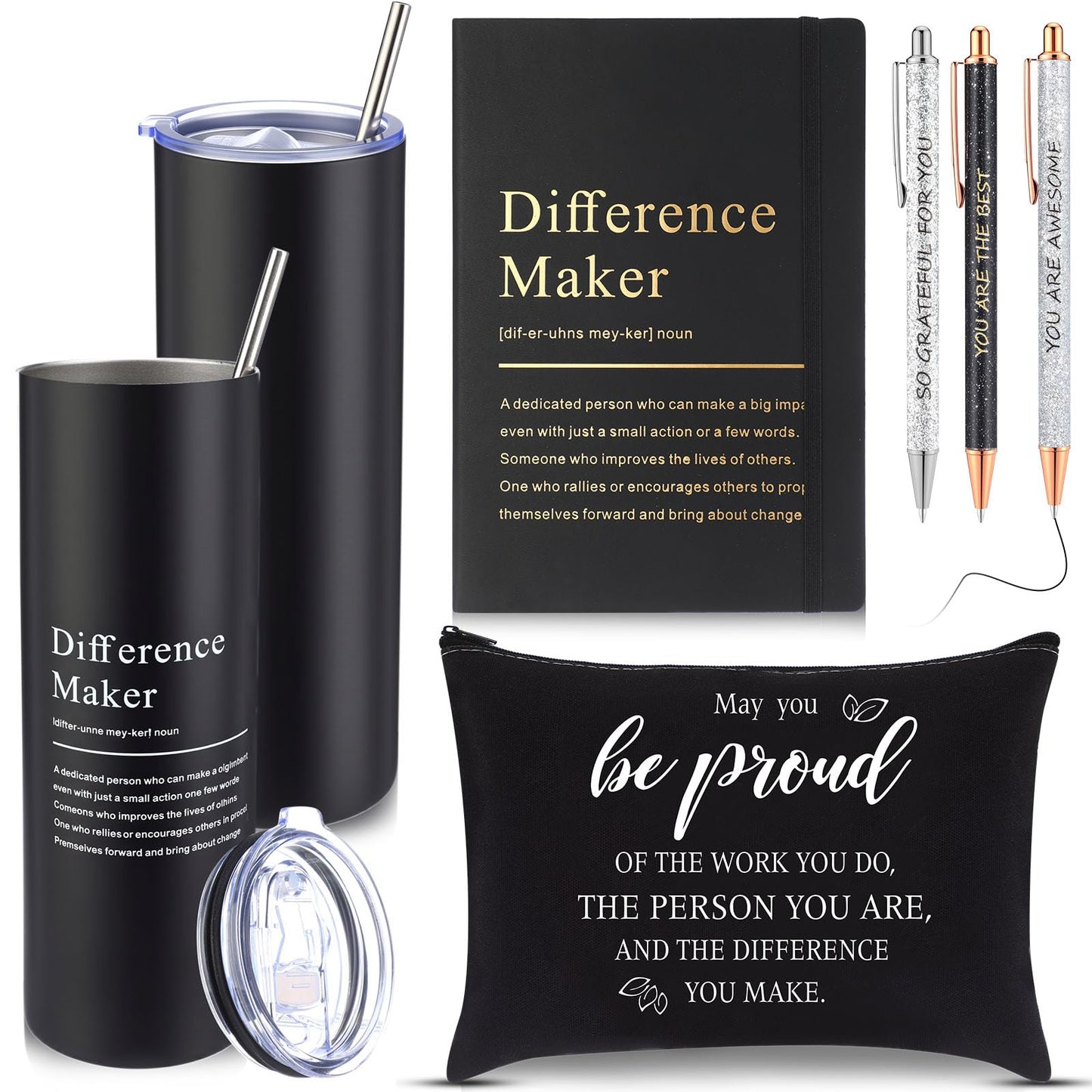 Geiserailie 6 Pcs Difference Maker Gift Employee Appreciation Thank You Gift for Women Teacher Nurse 20 oz Tumbler Leather Journal Ballpoint Pens Makeup Bag for Graduation(Black)