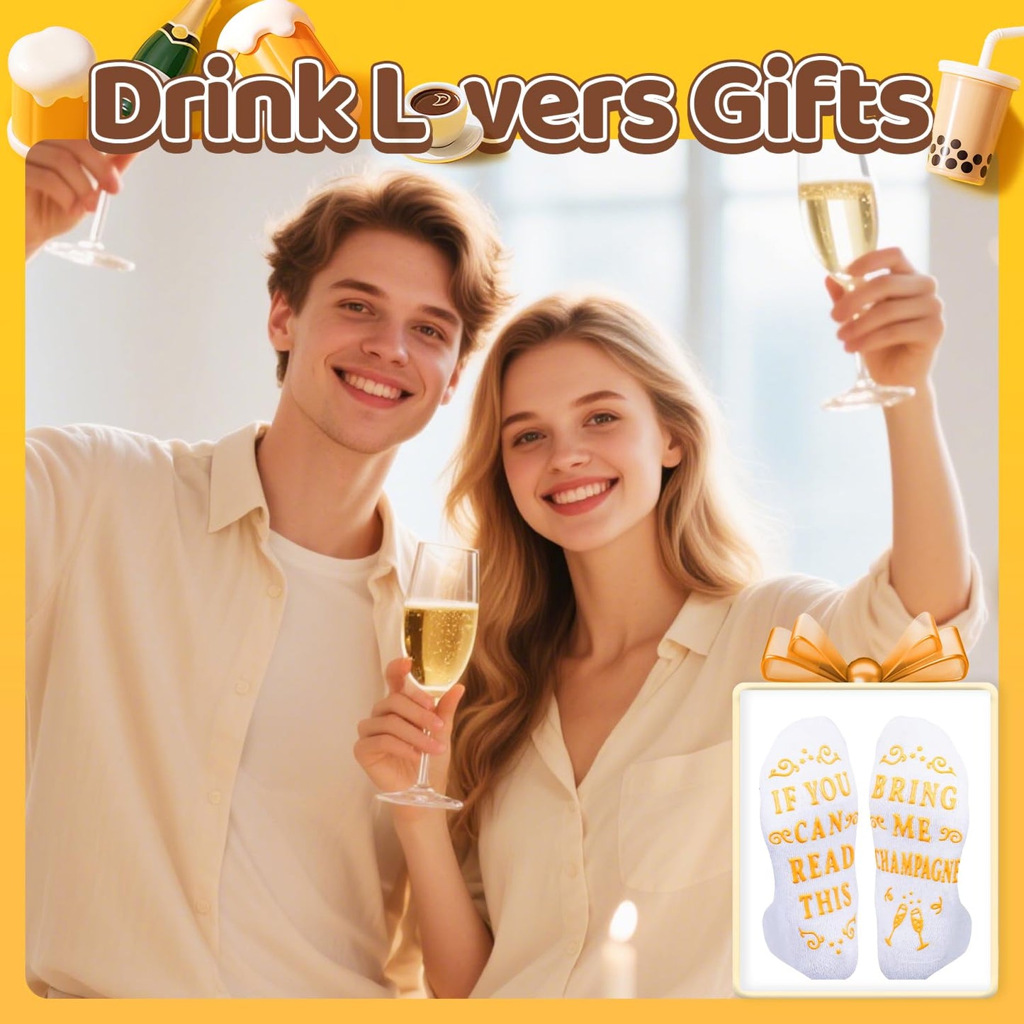 HAPPYPOP Funny Drink Socks for Men - Bourbon Whiskey Gifts, Champagne Gift for Women Drinker