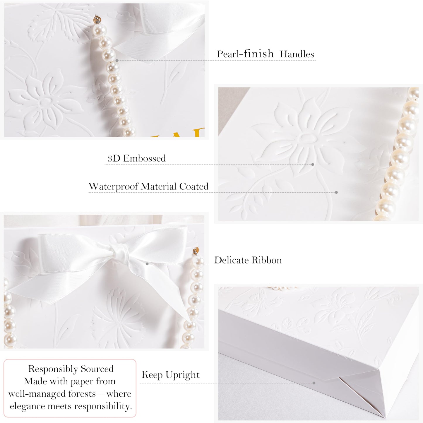 Crisky 13" Embossed Wedding Gift Bag with Pearl Handles, Large Bridal Shower Gift Bag with Greeting Card Tissue Paper Envelopes (Happily Ever After) for Bride, Women, Friends Engagement Party