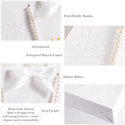 Crisky 13" Embossed Wedding Gift Bag with Pearl Handles, Large Bridal Shower Gift Bag with Greeting Card Tissue Paper Envelopes (Happily Ever After) for Bride, Women, Friends Engagement Party