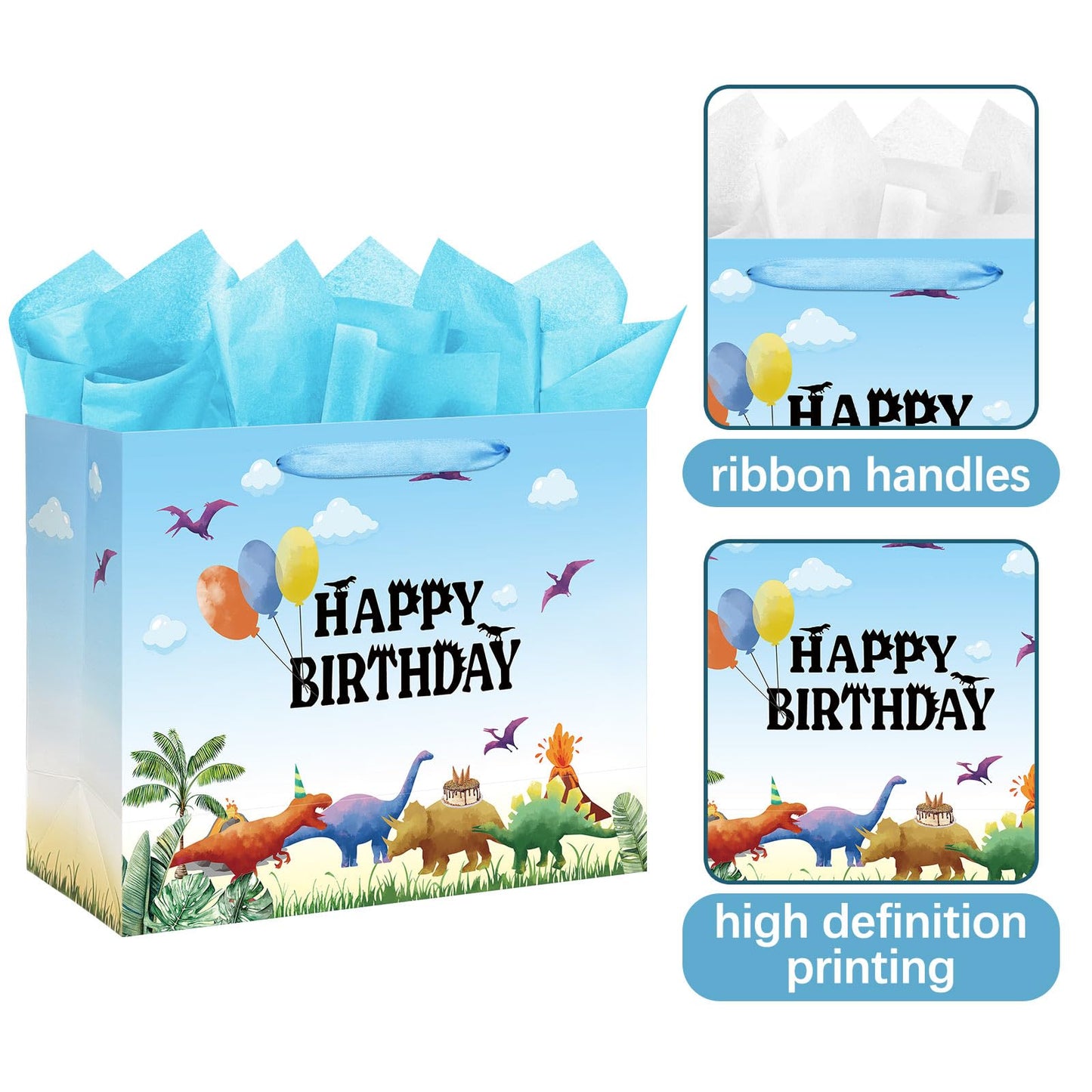 16.5" Extra Large Watercolor Dinosaur Birthday Gift Bag for Boy Kids with Card and Tissue Papers