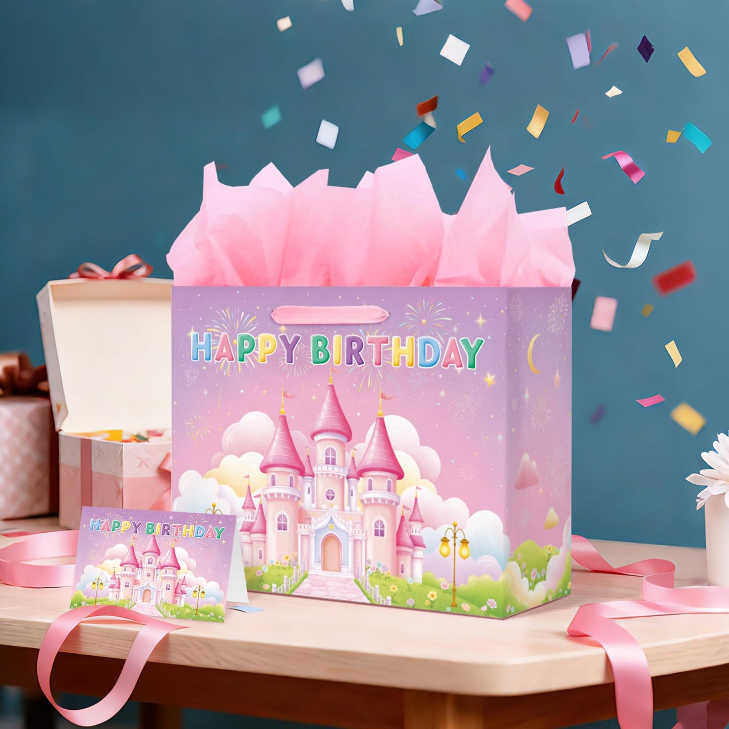 Princess Castle Birthday Gift Bag Set - Includes Card & Tissue Paper, Medium Size 13x10.2x4.9”, Ideal Birthday Bag for Women, Girls, and Kids’ Party