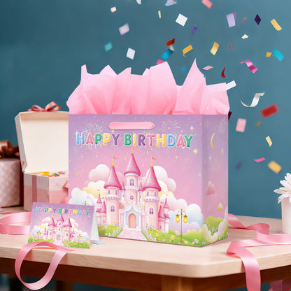 Princess Castle Birthday Gift Bag Set - Includes Card & Tissue Paper, Medium Size 13x10.2x4.9”, Ideal Birthday Bag for Women, Girls, and Kids’ Party