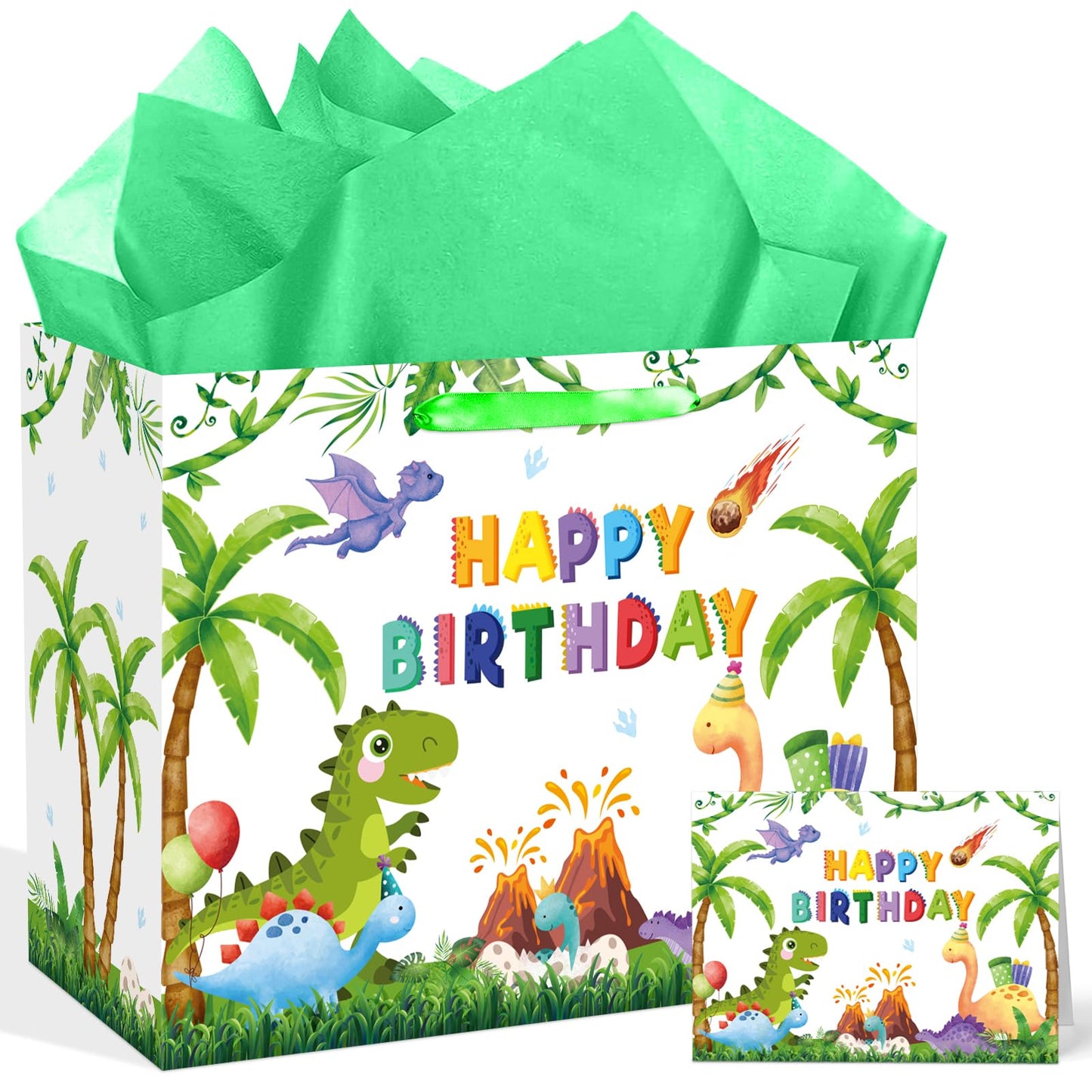 QISOLIY Dinosaur Birthday Gift Bag for Kids Boys Happy Birthday Gift Bag with Tissue Paper and Greeting Card, Cute Dino Party Favor Bag for Children, Party Present Wrapping Bag with Handle